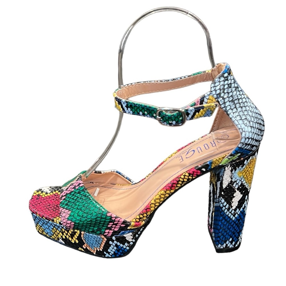 Rouge Helium Multi-color Faux Snakeskin Chunky High Heel Sandals Size 6